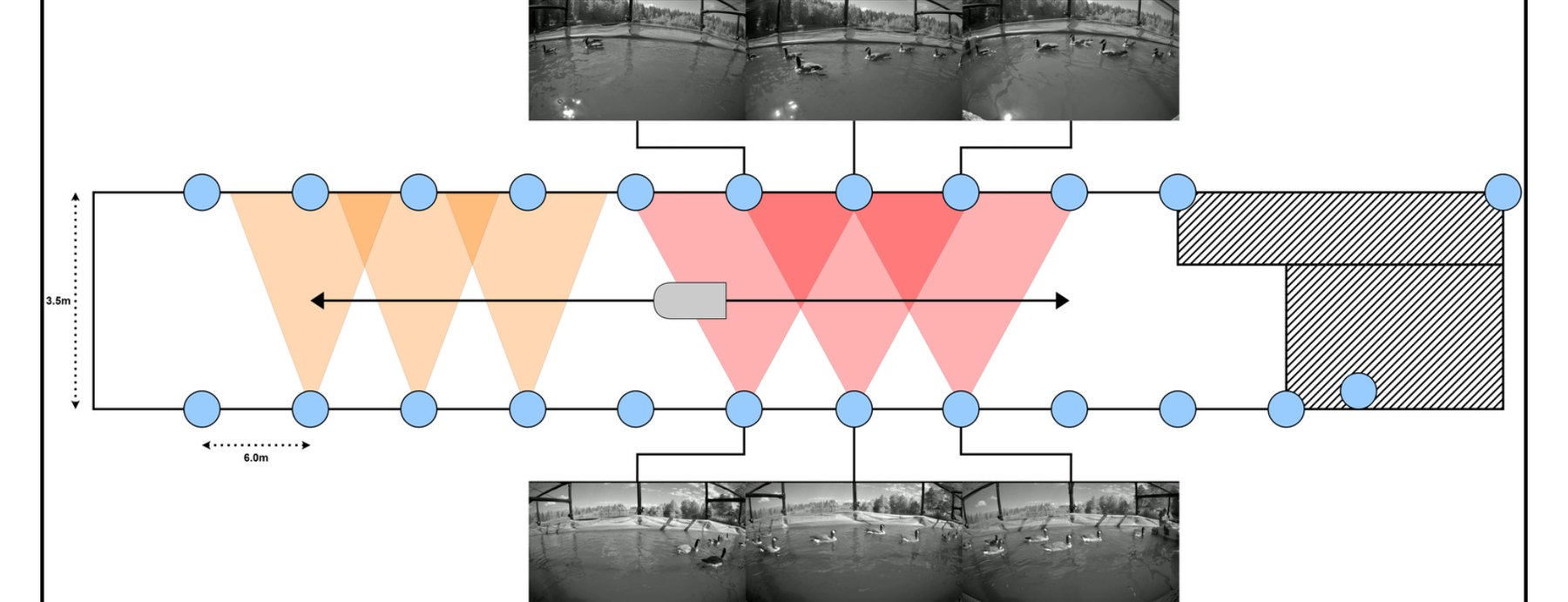 Schematic of the floating aviary: a row of cameras on each long side with overlapping fields of view, and sample grayscale frames above and below