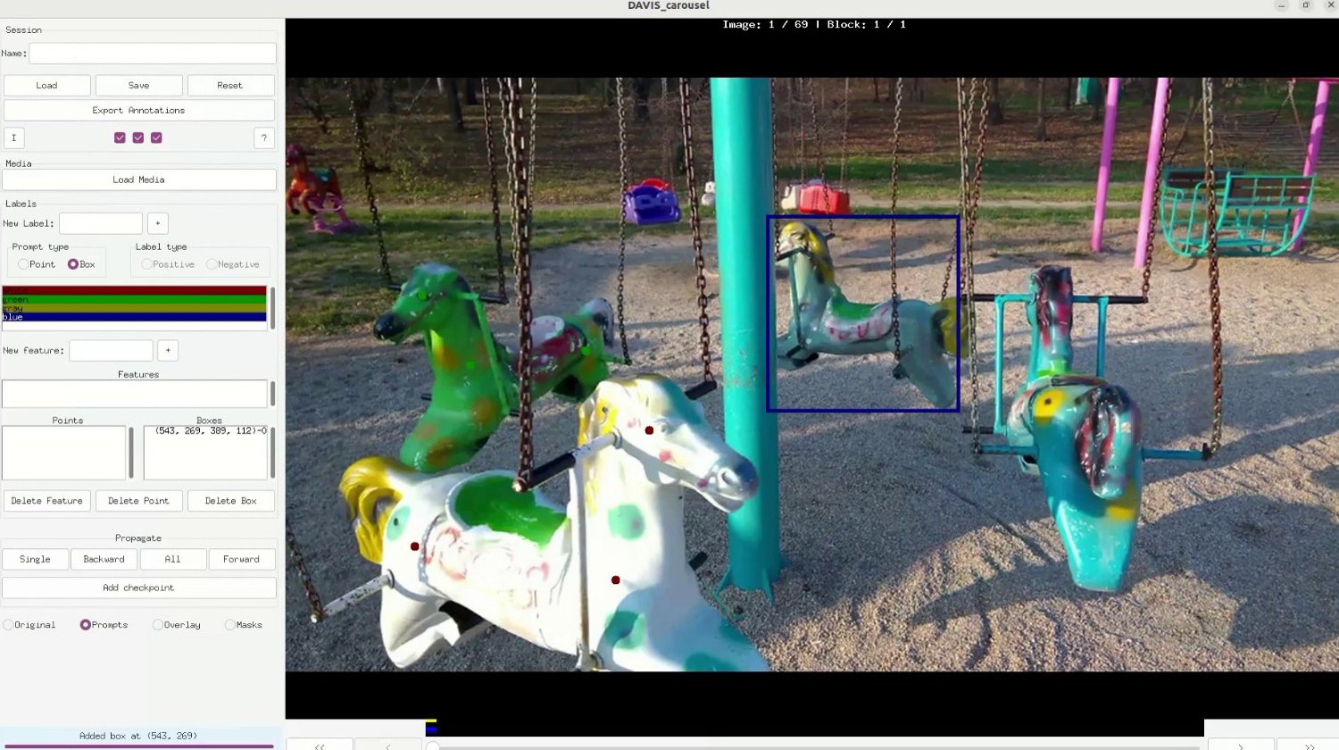 SAMannot interface with point and box prompts placed on carousel horses in the first video frame