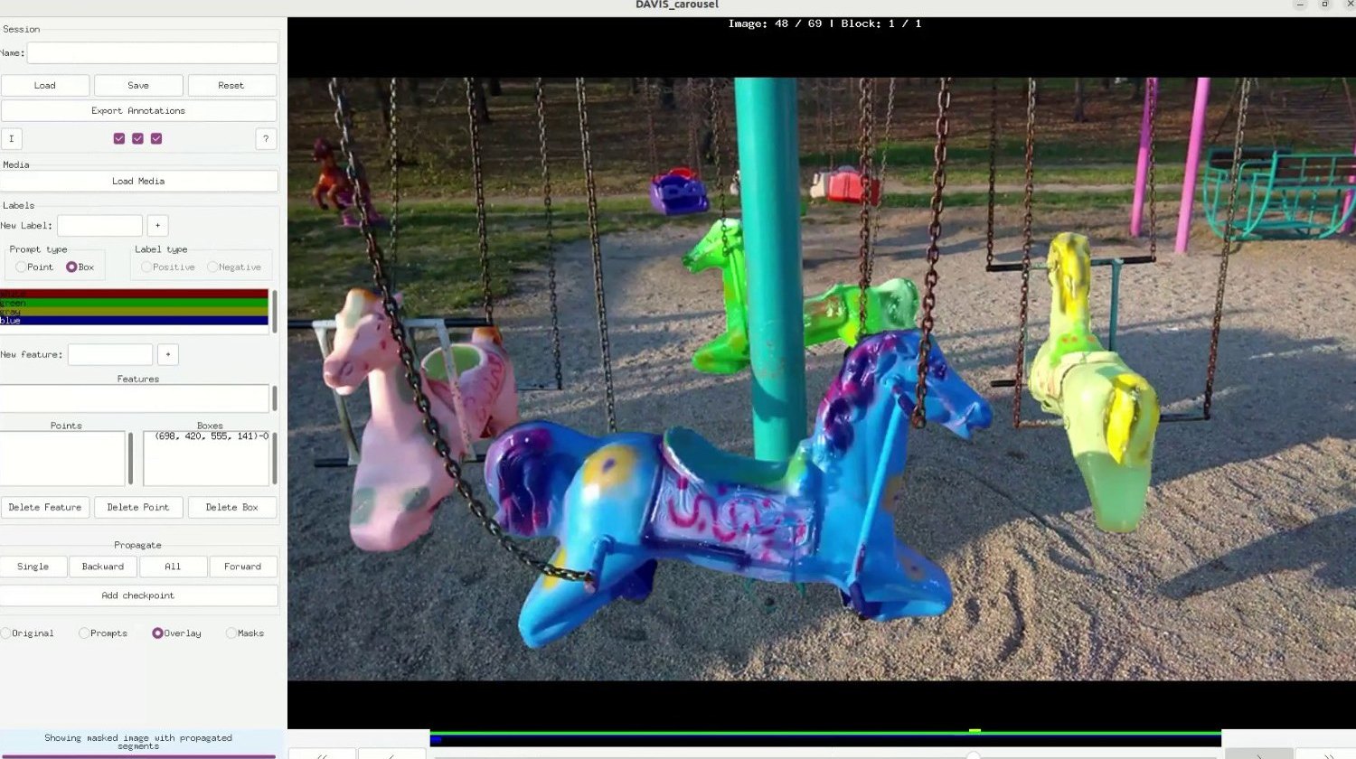 SAMannot interface showing coloured segmentation masks propagated to a later frame of the carousel video