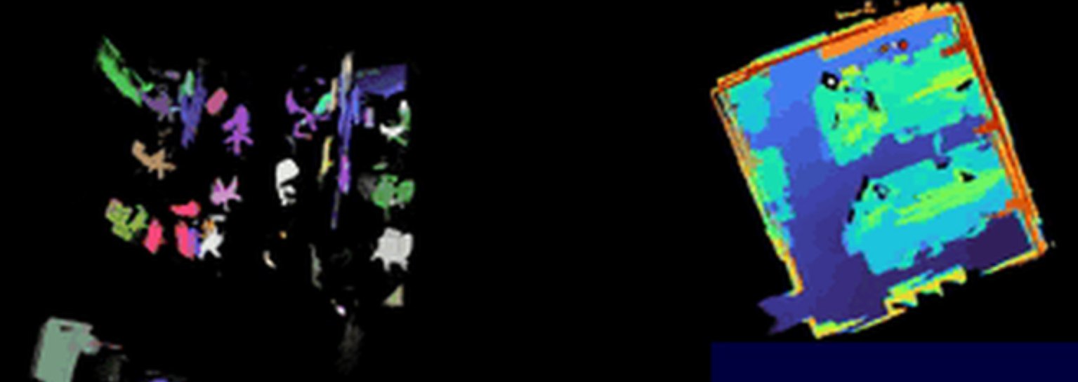 Coloured 3D object instances stored in memory, next to a top-down navigation map