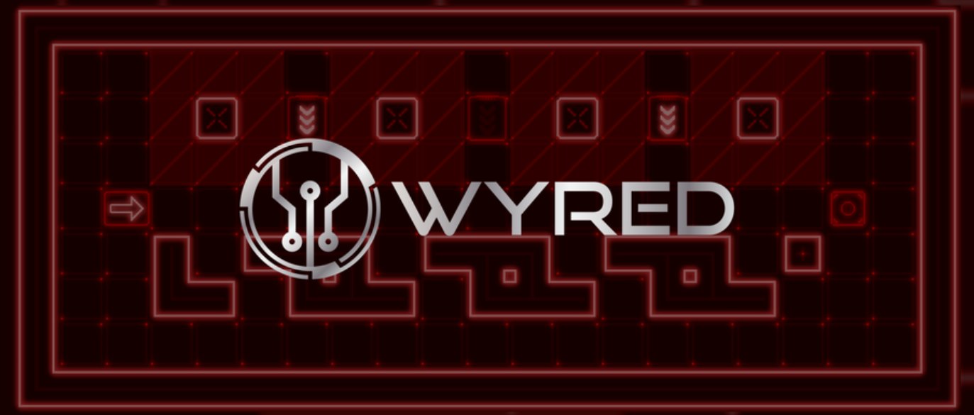 Wyred key art: the game logo over a glowing red circuit-board puzzle grid